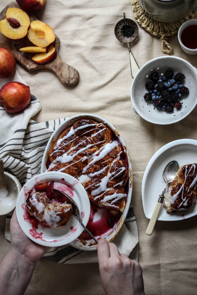 nectarine berry cinnamon roll bake-1-11