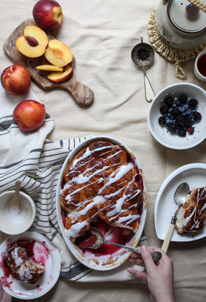 nectarine berry cinnamon roll bake-1-9