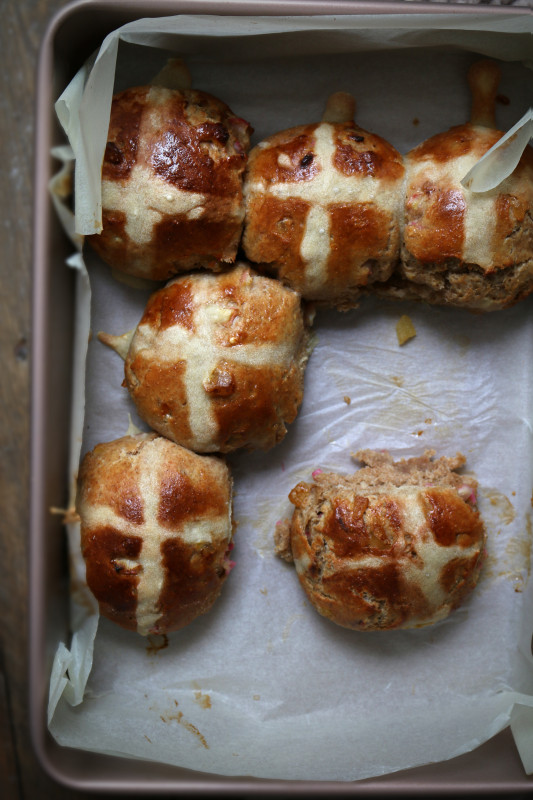 rye rhubarb ginger and orange hot cross buns