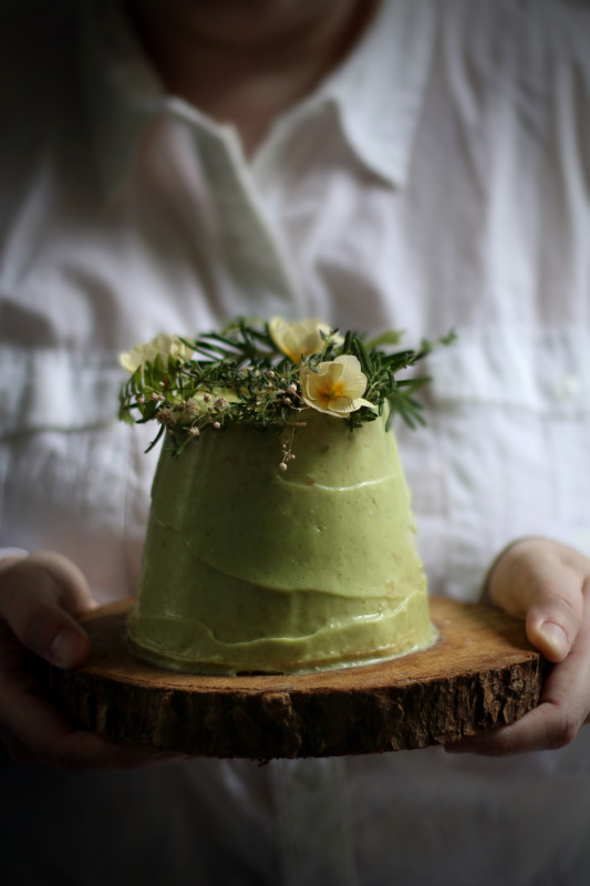 vegan angel food cake with avocado lime frosting