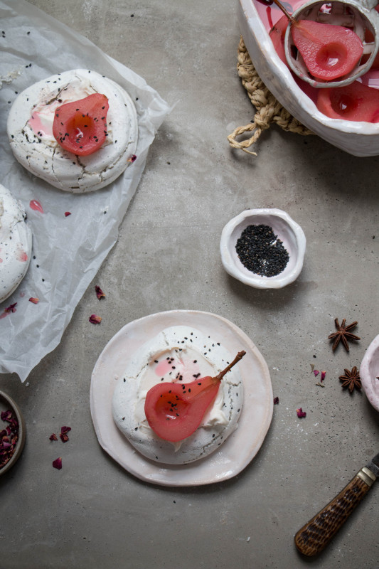 black sesame meringue nests with hibiscus poached pears-1-21