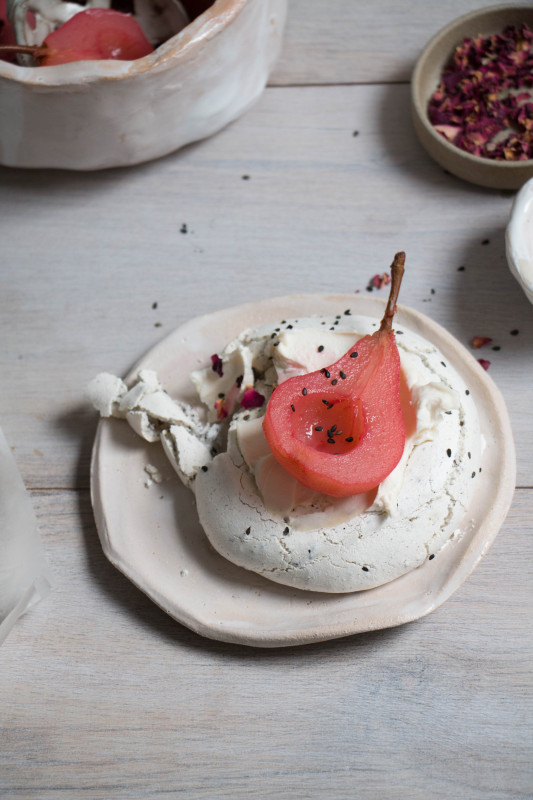 black sesame meringue nests with hibiscus poached pears-1-25