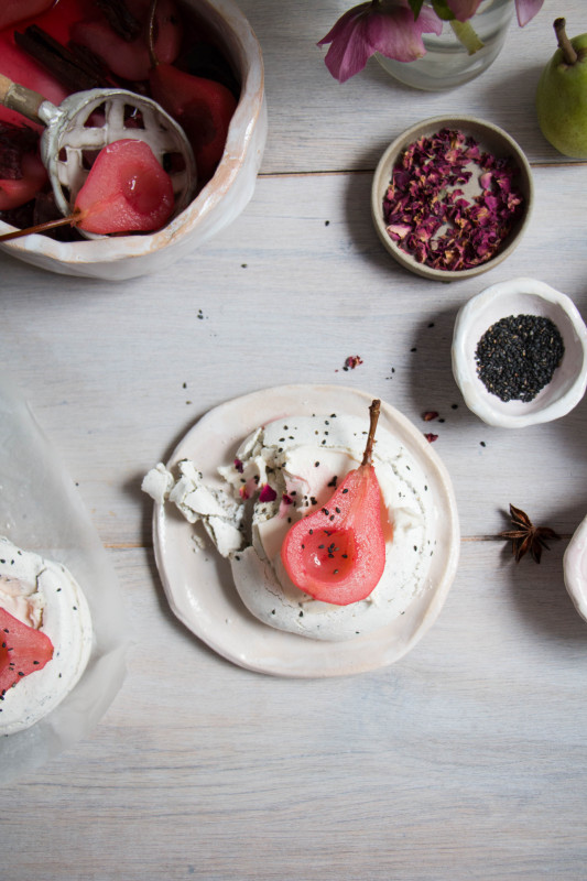 black sesame meringue nests with hibiscus poached pears-1-26