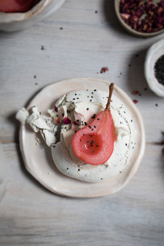 black sesame meringue nests with hibiscus poached pears-1-27 v