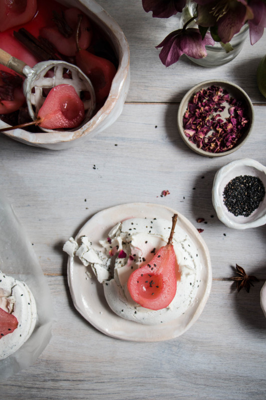 black sesame meringue nests with hibiscus poached pears-1-28