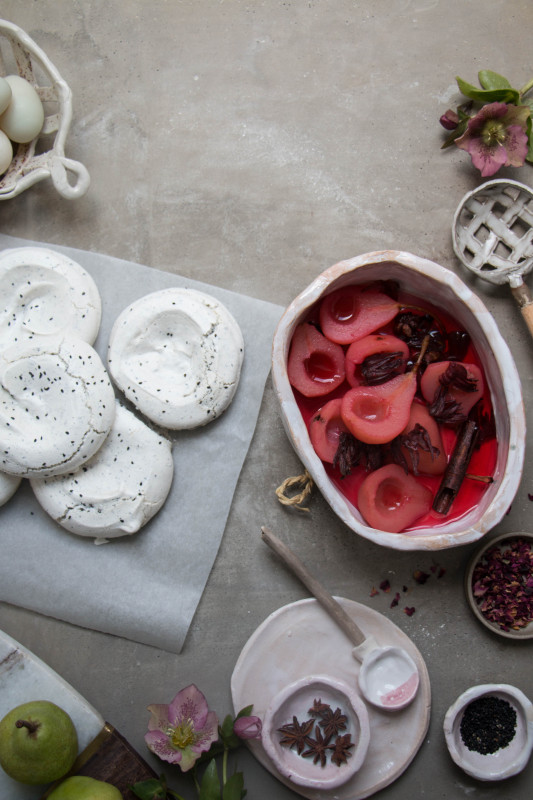 black sesame meringue nests with hibiscus poached pears-1-4