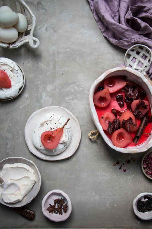 black sesame meringue nests with hibiscus poached pears-1-6