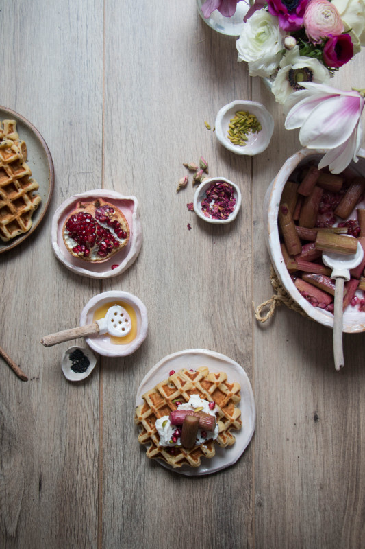 ricotta waffles with rose pomegranate roasted rhubarb-1-10