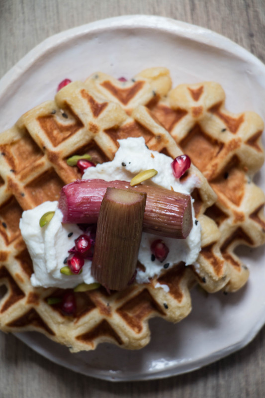 ricotta waffles with rose pomegranate roasted rhubarb-1-14