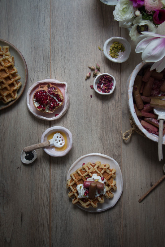 ricotta waffles with rose pomegranate roasted rhubarb-1-2