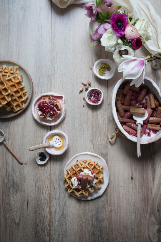 ricotta waffles with rose pomegranate roasted rhubarb-1-20