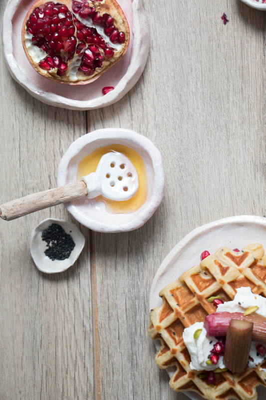 ricotta waffles with rose pomegranate roasted rhubarb-1-21