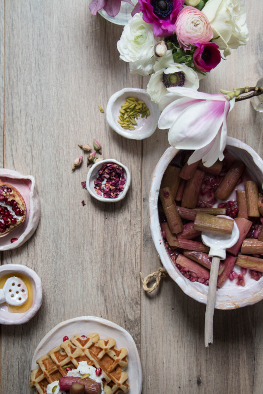 ricotta waffles with rose pomegranate roasted rhubarb-1-7