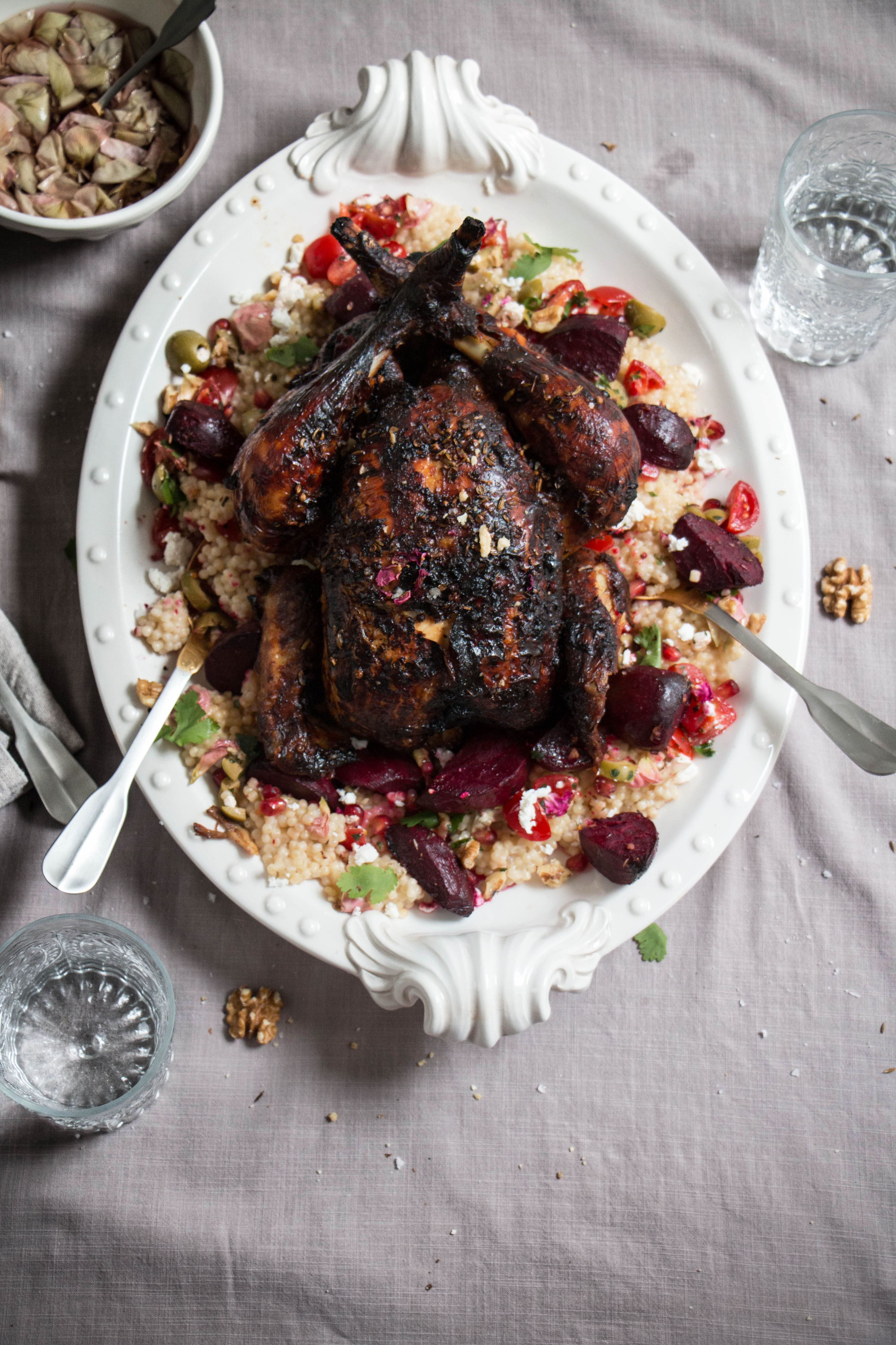 harissa rose roast chicken with couscous salad - twigg studios