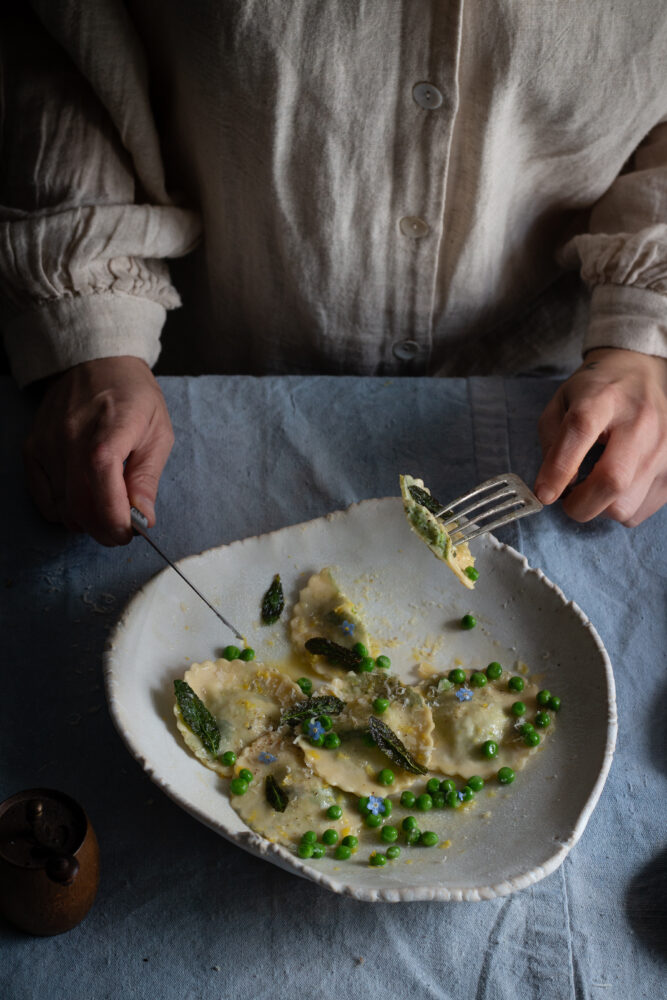 pea and mint and ricotta ravioli 