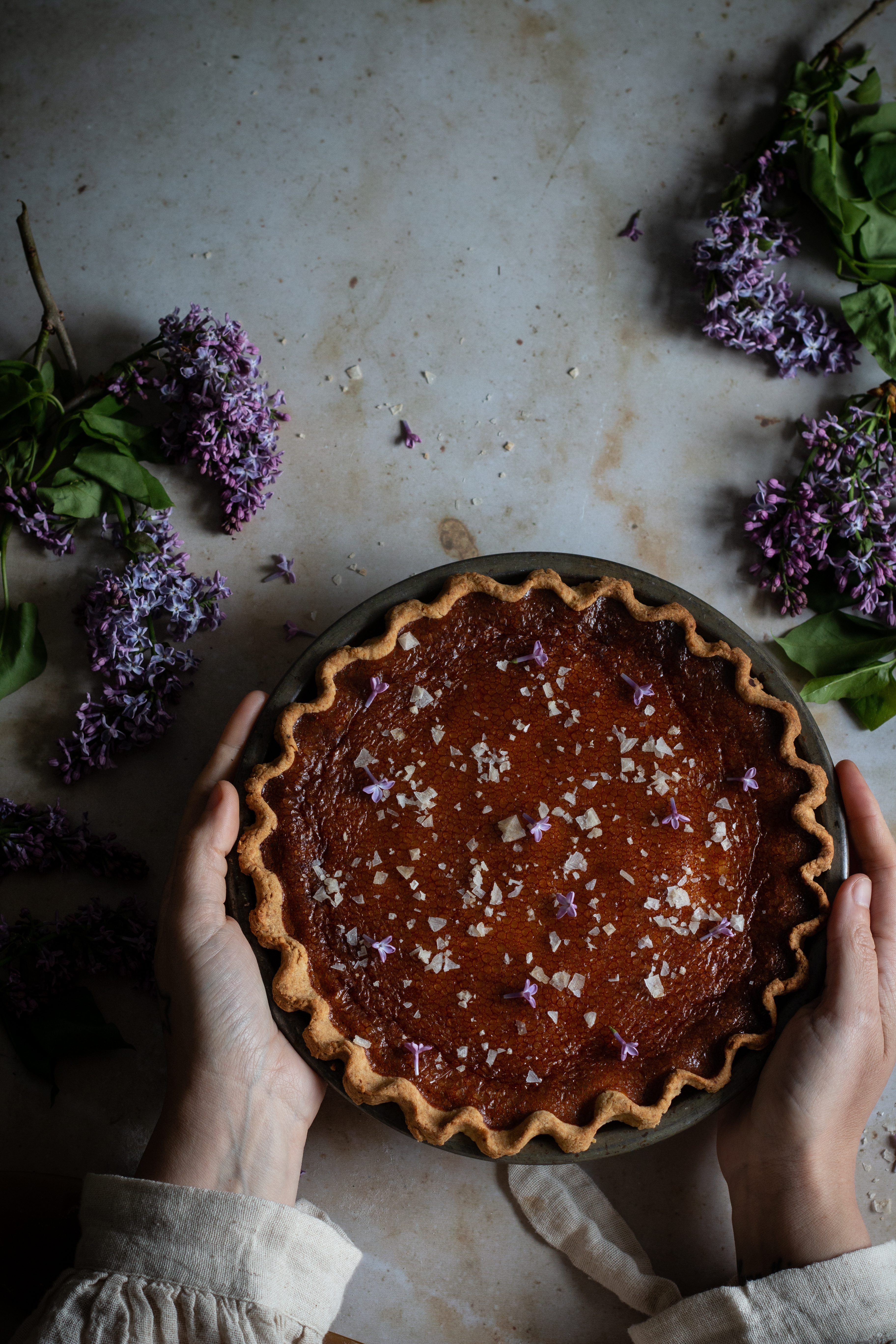 Lilac sugar salty honey pie with rhubarb