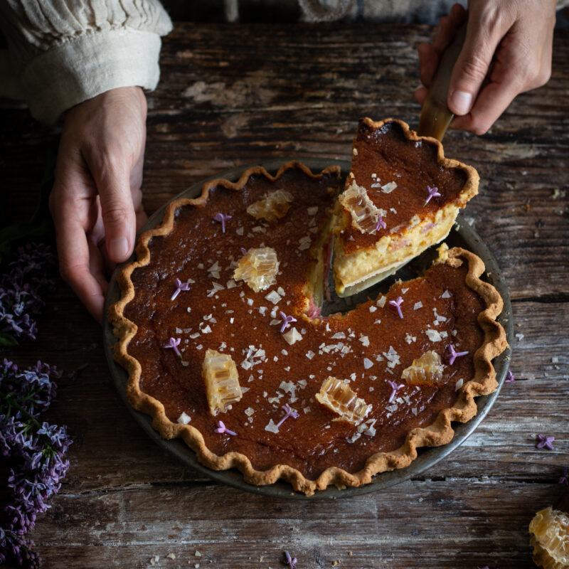 Lilac sugar salty honey pie with rhubarb