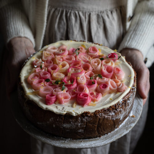 stem ginger cheesecake with rhubarb roses