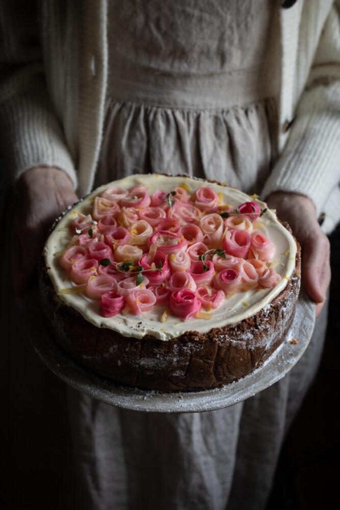 stem ginger cheesecake with rhubarb roses