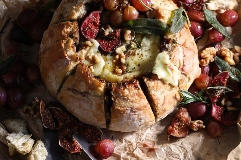 Brie tear and share with fig port and shallot filling and roasted figs and grapes