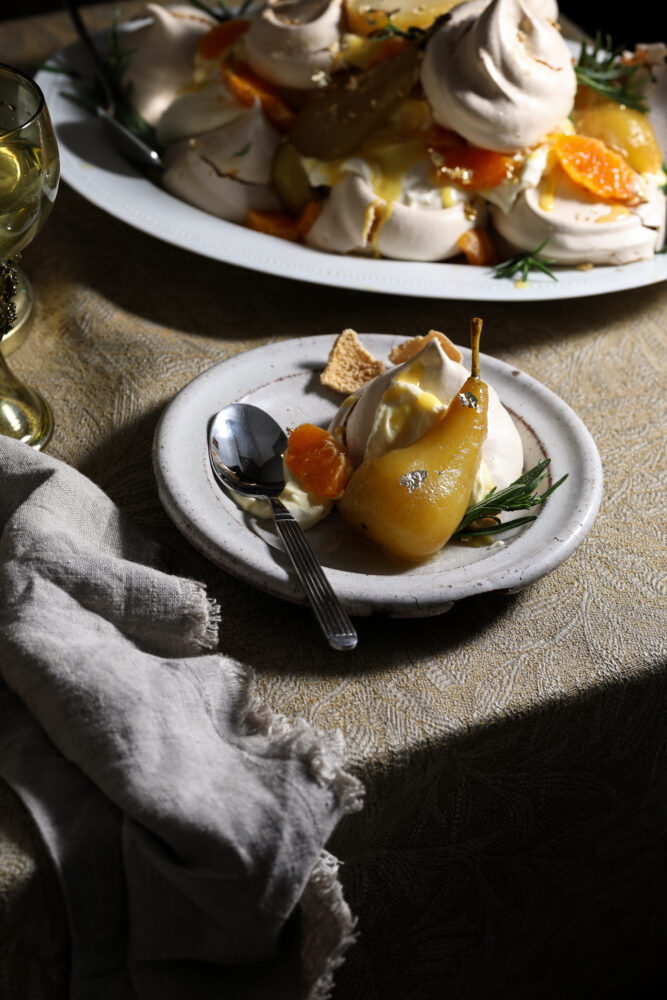 ginger beer poached pears with clementines