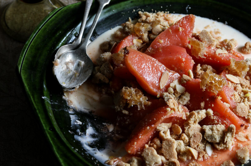 Creamy creme fraiche panna cotta with poached quince and lemony shortbread crumble