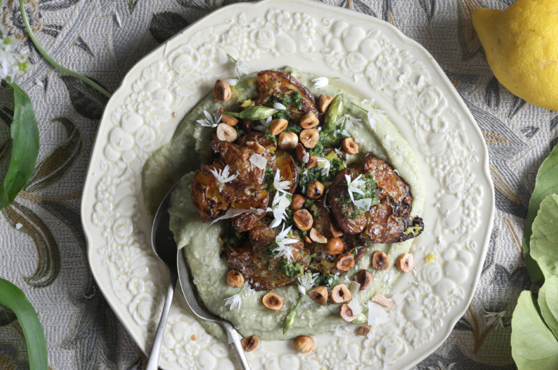 Smashed Parmesan new potatoes with wild garlic pesto and lemony white bean puree 